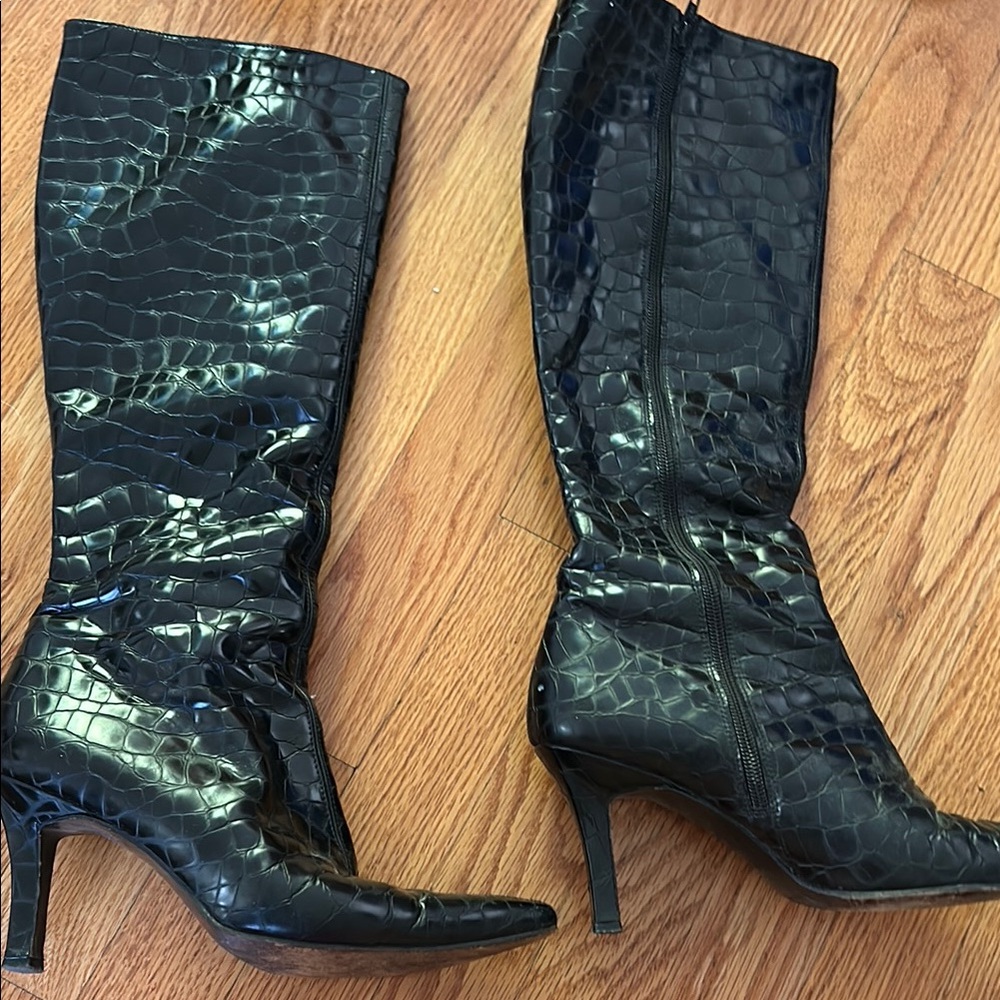 Black Croc-Embossed Knee-High Boots